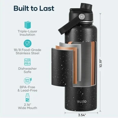 Buzio Duet Series Water Bottle with 2 Lids and Sleeve 1.2L - Starry Black